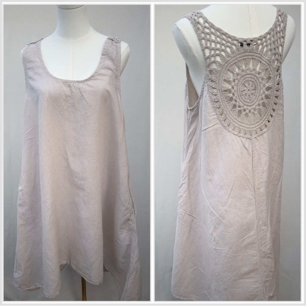 Made in Italy 100% Linen Crochet Back Swing Dress O/S Coastal Vacation Lagenlook